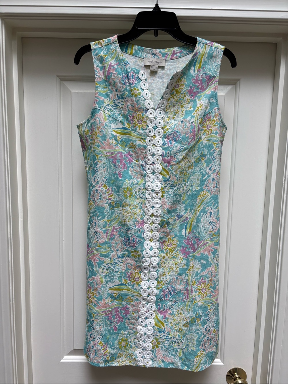 Charlie Paige Floral Aqua Sleeveless Tunic with White Crochet Trim